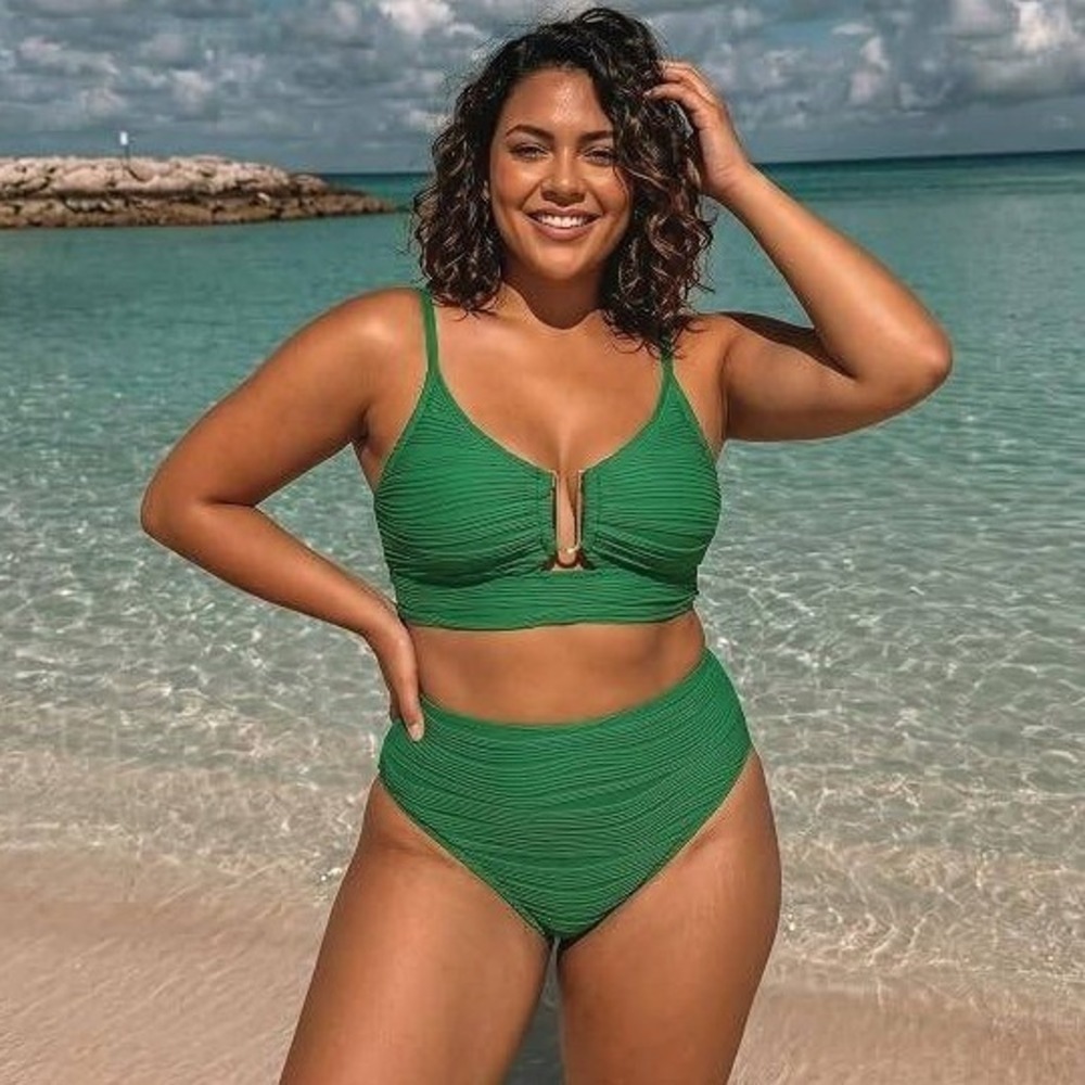 Herseas Green Textured High Waisted Two Piece Bikini Swimsuit Women Size L